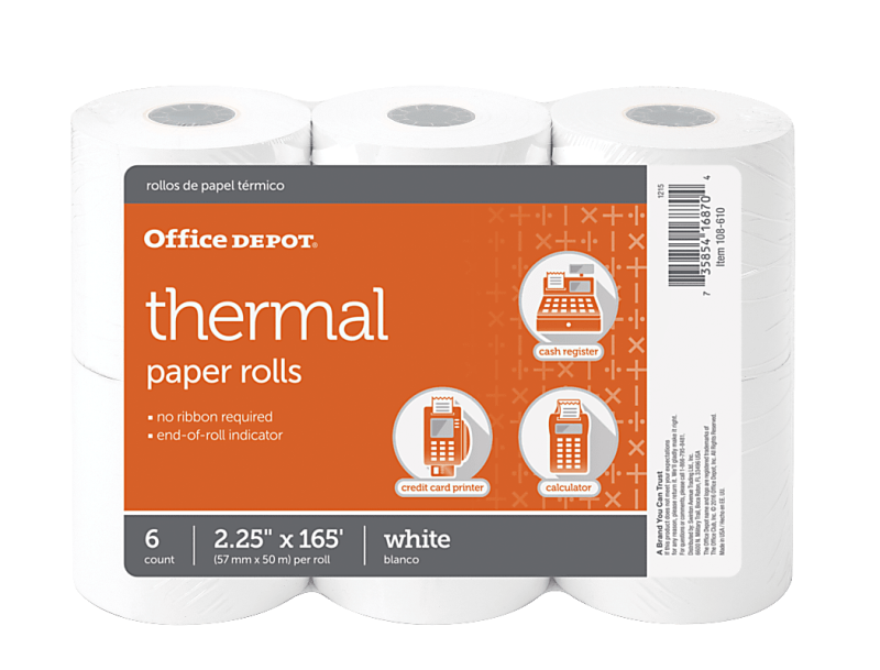 Office Depot® Brand Thermal Paper Rolls, 2-1/4" x 165', White, Pack Of 6