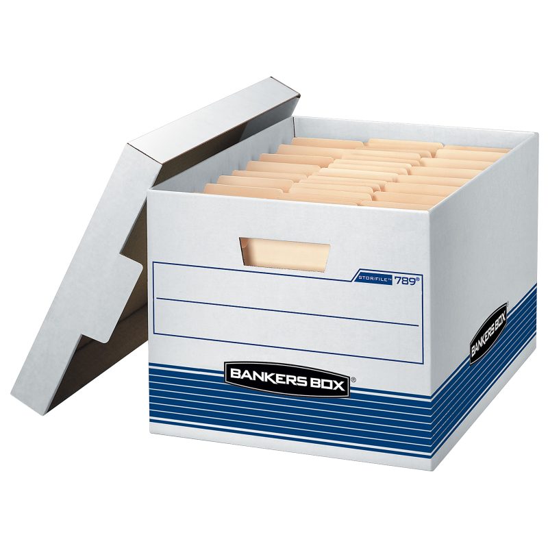 Bankers Box® Stor/File™ Medium-Duty Storage Boxes With Locking Lift-Off Lids And Built-In Handles, Letter/Legal Size, 15" x 12" x 10", 60% Recycled, White/Blue, Case Of 12 - Image 2