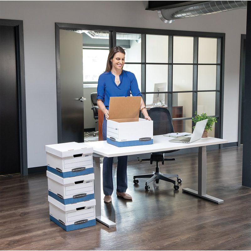 Bankers Box® Stor/File™ Medium-Duty Storage Boxes With Locking Lift-Off Lids And Built-In Handles, Letter/Legal Size, 15" x 12" x 10", 60% Recycled, White/Blue, Case Of 12 - Image 4