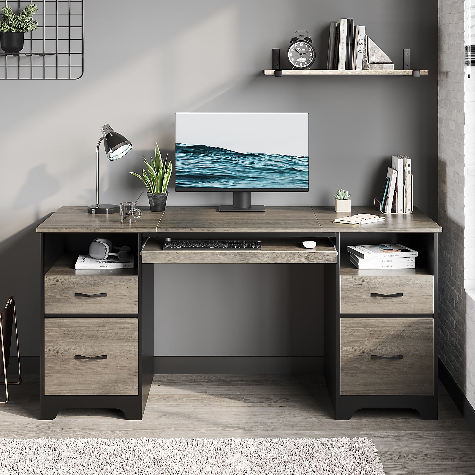 Bestier 59"W Double-Pedestal Executive Computer Desk With Open Storage & Drawer, Gray - Gray,59 in.