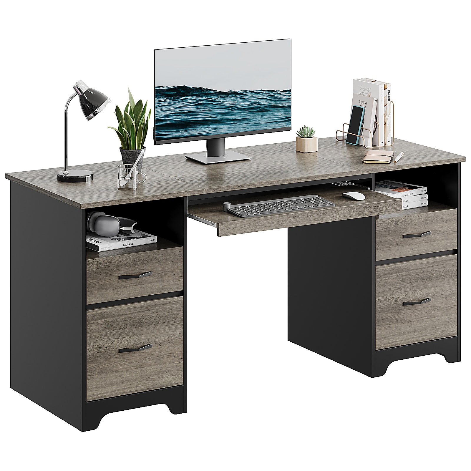 Bestier 59"W Double-Pedestal Executive Computer Desk With Open Storage & Drawer, Gray - Image 2