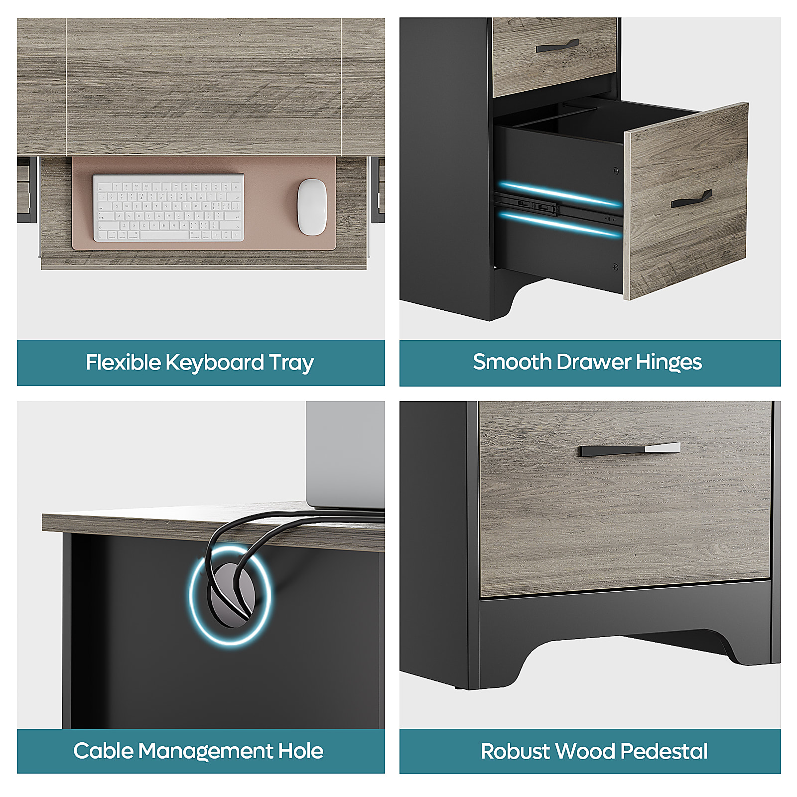 Bestier 59"W Double-Pedestal Executive Computer Desk With Open Storage & Drawer, Gray - Image 3