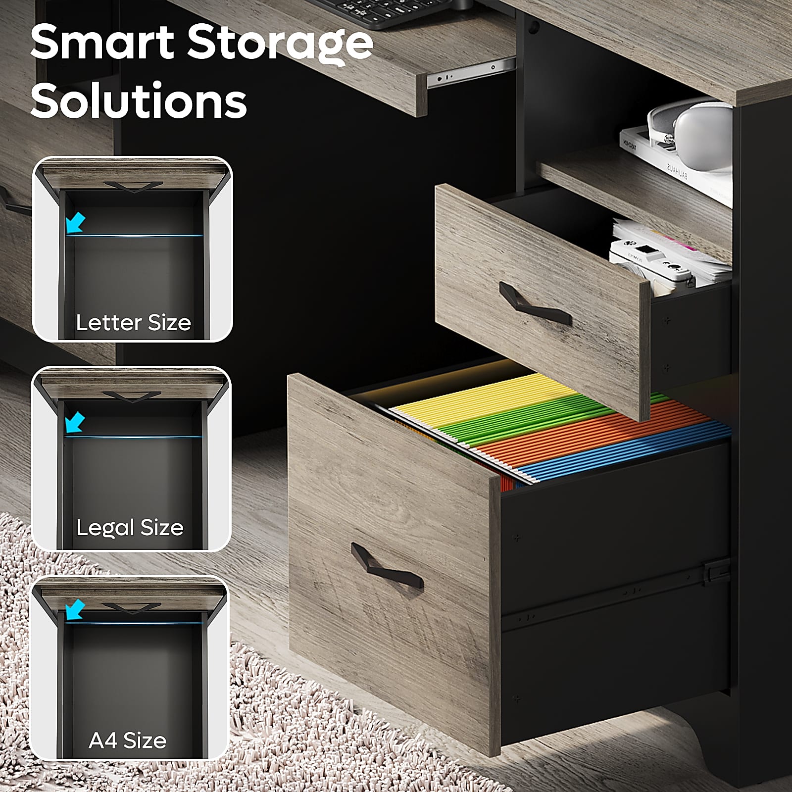 Bestier 59"W Double-Pedestal Executive Computer Desk With Open Storage & Drawer, Gray - Image 4