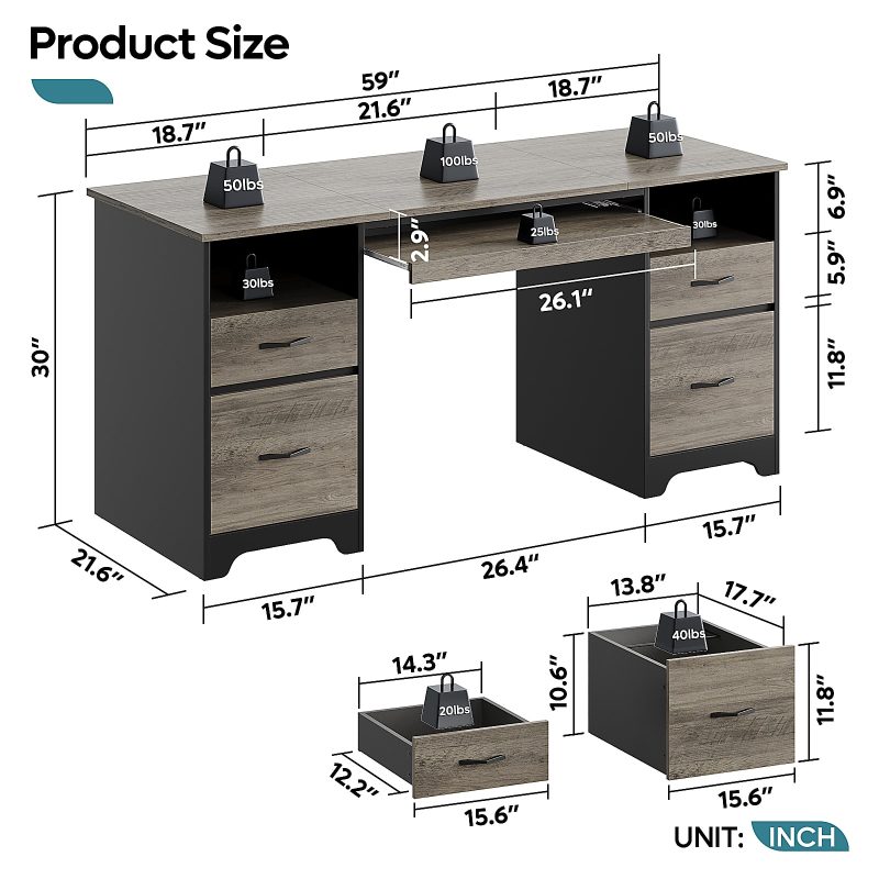 Bestier 59"W Double-Pedestal Executive Computer Desk With Open Storage & Drawer, Gray - Image 6