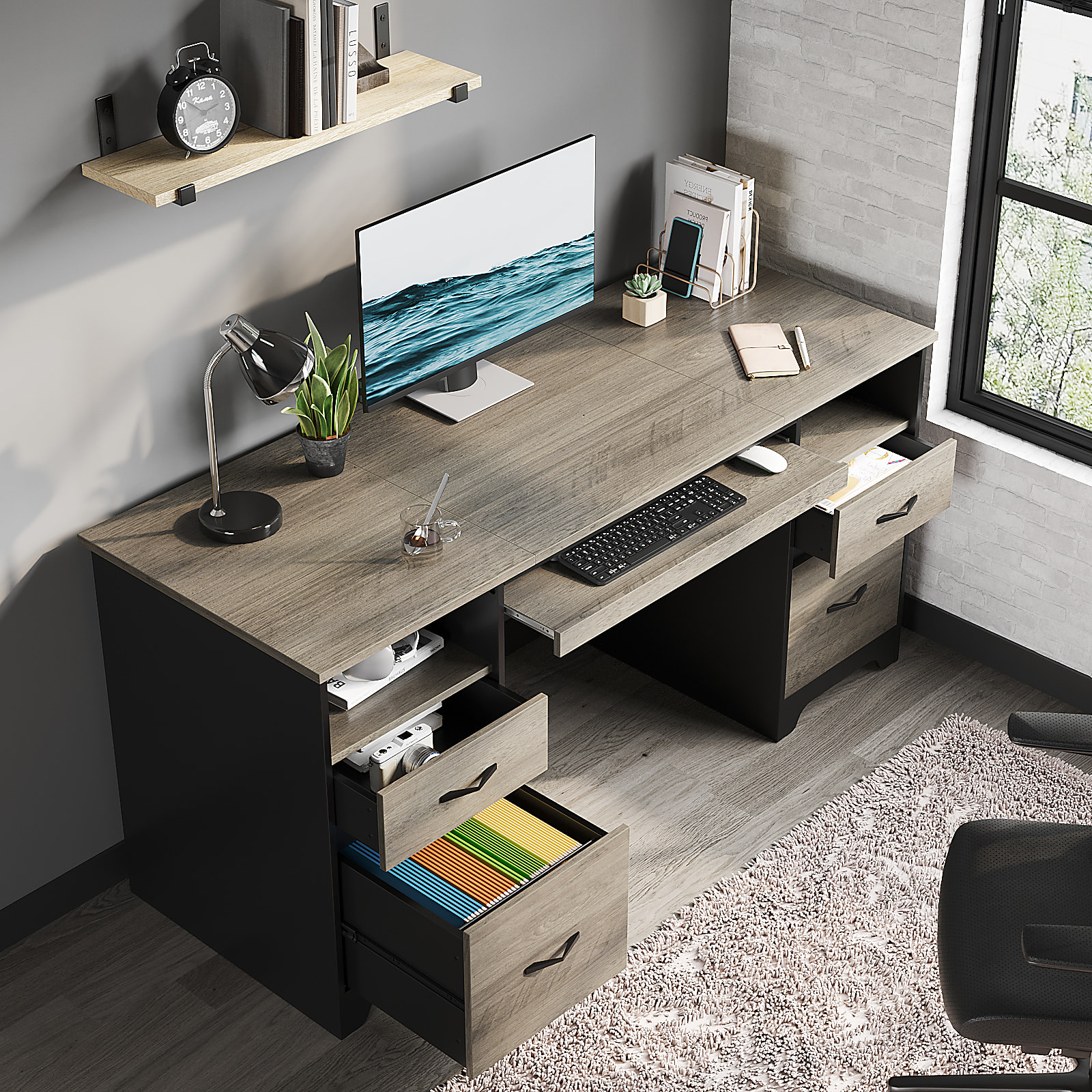 Bestier 59"W Double-Pedestal Executive Computer Desk With Open Storage & Drawer, Gray - Image 7