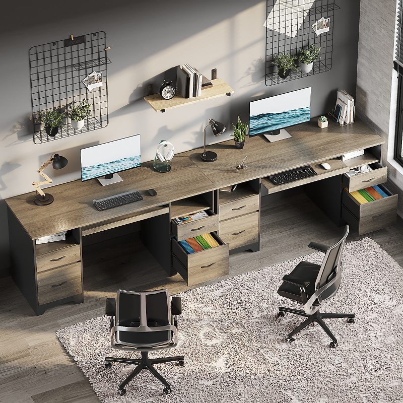 Bestier 59"W Double-Pedestal Executive Computer Desk With Open Storage & Drawer, Gray - Image 8