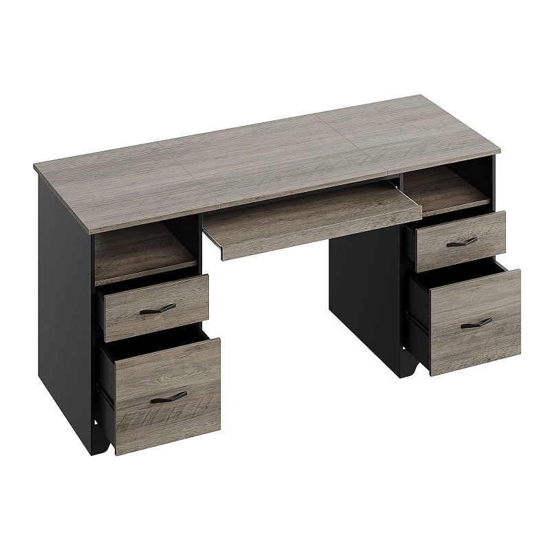 Bestier 59"W Double-Pedestal Executive Computer Desk With Open Storage & Drawer, Gray - Image 9