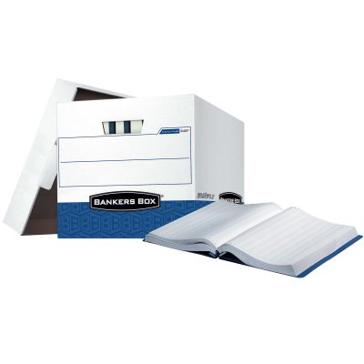 Bankers Box® Printout Data Pak Storage Boxes With Lift-Off Lids, Letter/Legal Size, 13" x 13 3/4" x 17 3/4", White/Blue, Case Of 12