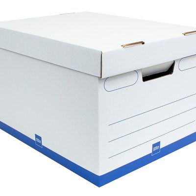 Office Depot® Brand Medium-Duty Quick Set-up Storage Boxes with Lift-Off Lid and Built-In Handles, Letter/Legal Size, 15" x 12" x 10", 60% Recycled, White/Blue, Pack Of 12