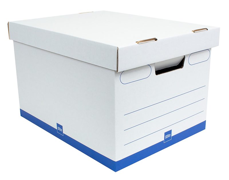 Office Depot® Brand Medium-Duty Quick Set-up Storage Boxes with Lift-Off Lid and Built-In Handles, Letter/Legal Size, 15" x 12" x 10", 60% Recycled, White/Blue, Pack Of 12