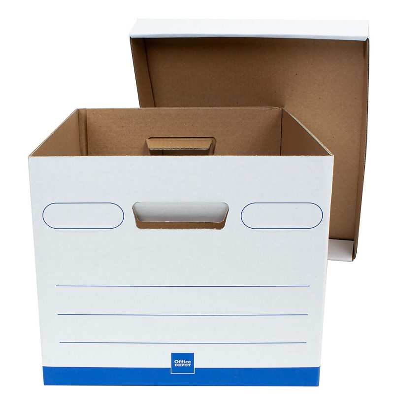 Office Depot® Brand Medium-Duty Quick Set-up Storage Boxes with Lift-Off Lid and Built-In Handles, Letter/Legal Size, 15" x 12" x 10", 60% Recycled, White/Blue, Pack Of 12 - Image 2