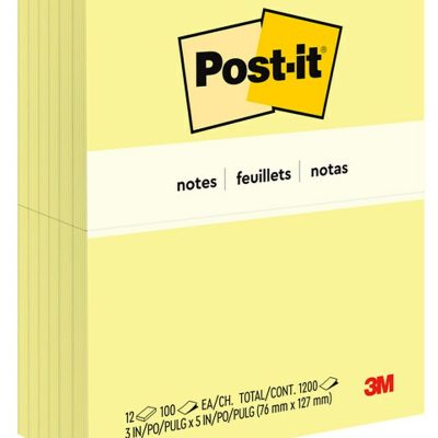 Post-it Notes, 12 Pads, 3 in x 5 in, Clean Removal, School Supplies and Office Products, Sticky Notes for Vertical Surfaces, Monitors, Walls and Windows, Canary Yellow