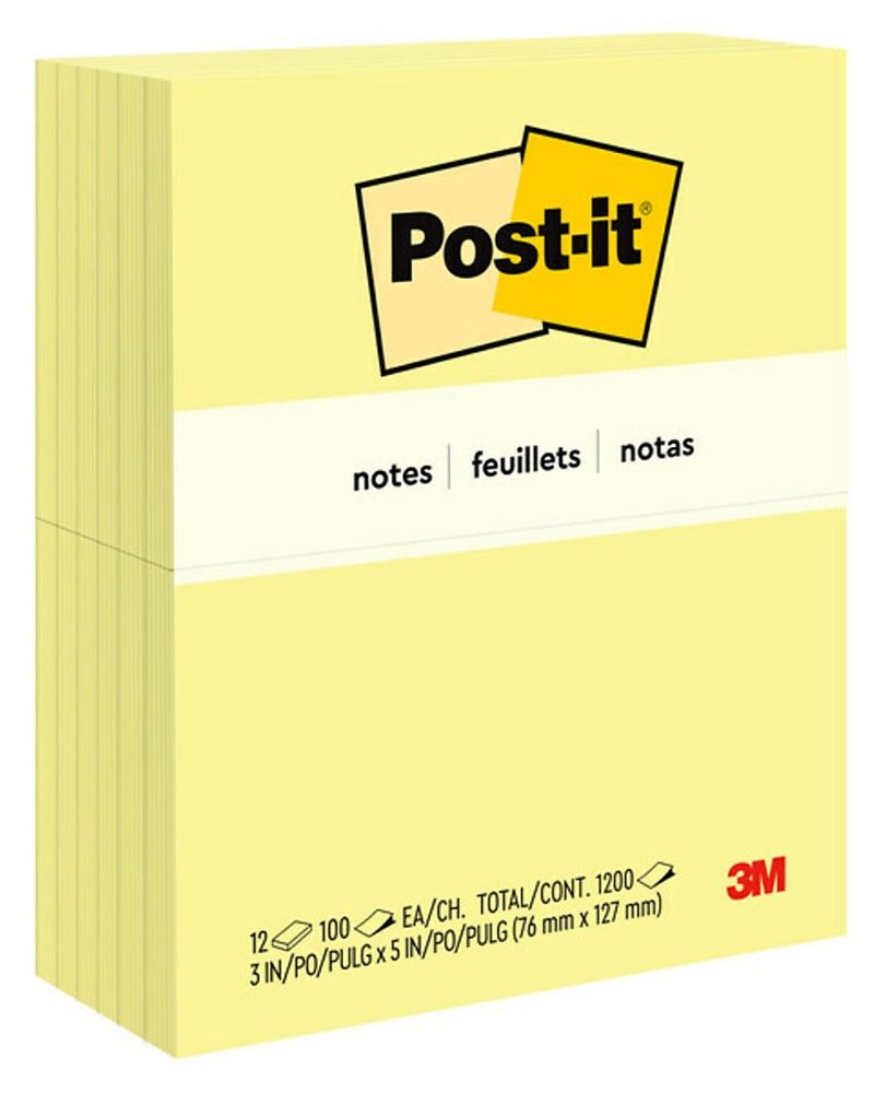 Post-it Notes, 12 Pads, 3 in x 5 in, Clean Removal, School Supplies and Office Products, Sticky Notes for Vertical Surfaces, Monitors, Walls and Windows, Canary Yellow