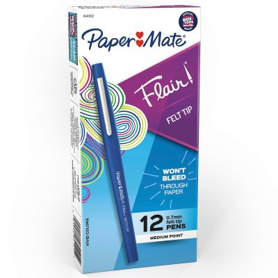 Paper Mate® Flair® Porous-Point Pens, Medium Point, 0.7 mm, Black Barrel, Black Ink, Pack Of 12 Pens - Blue,12