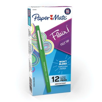 Paper Mate® Flair® Porous-Point Pens, Medium Point, 0.7 mm, Black Barrel, Black Ink, Pack Of 12 Pens - Green,12
