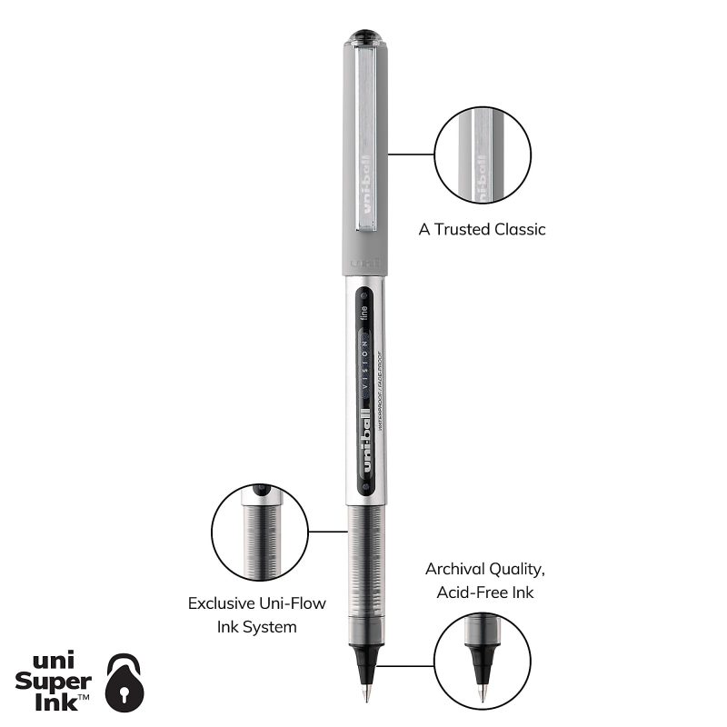 uni-ball® Vision™ Rollerball Pens, Fine Point, 0.7 mm, Gray Barrel, Black Ink, Pack Of 12 - Image 3