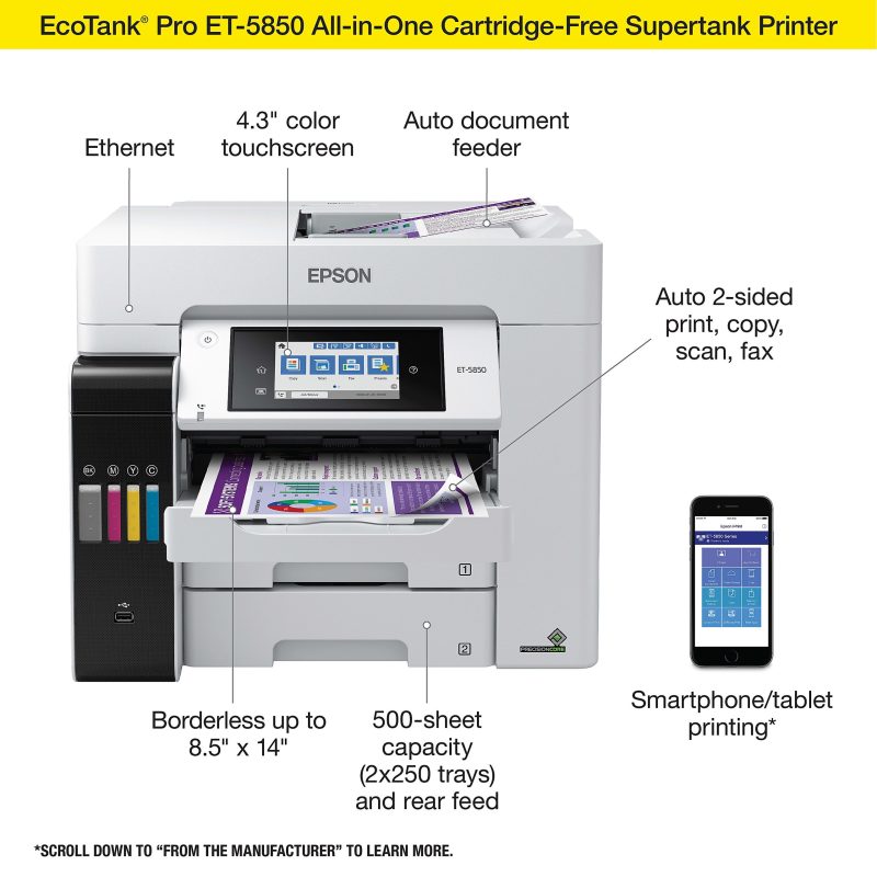 Epson® EcoTank® Pro ET-5850 SuperTank® Wireless Inkjet All-In-One Color Printer - Image 3