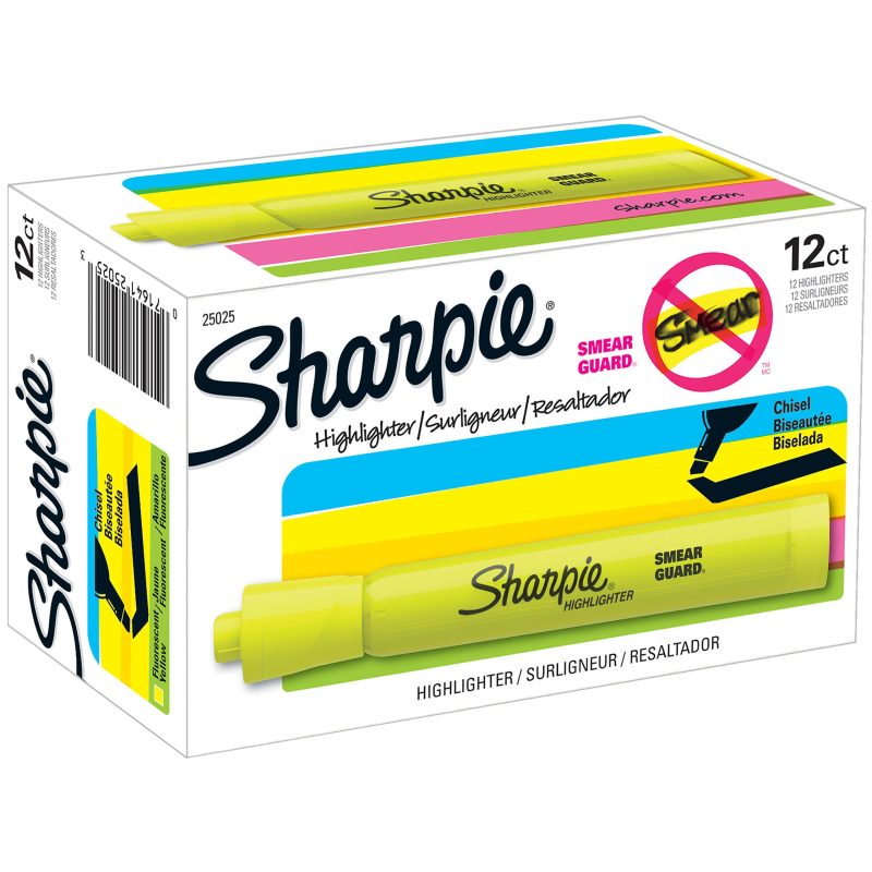 Sharpie® Tank Style Highlighters, Chisel Tip, Fluorescent Yellow, Box of 24 - Fluorescent Yellow,12