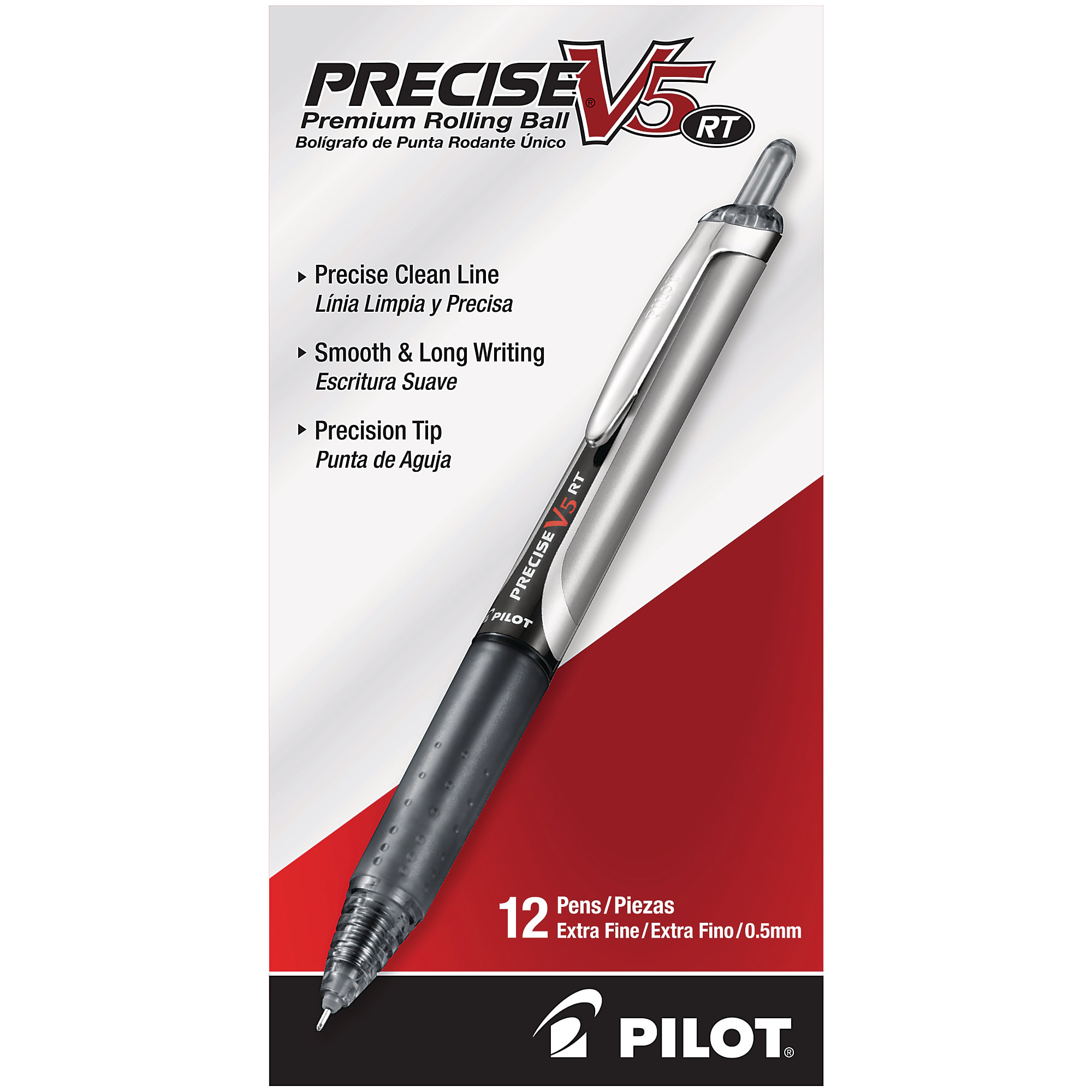 Pilot® Precise™ V5 Liquid Ink Retractable Rollerball Pens, Extra Fine Point, 0.5 mm, Black Barrels, Black Ink, Pack Of 12