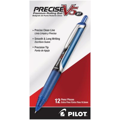 Pilot® Precise™ V5 Liquid Ink Retractable Rollerball Pens, Extra Fine Point, 0.5 mm, Black Barrels, Black Ink, Pack Of 12 - Blue,12