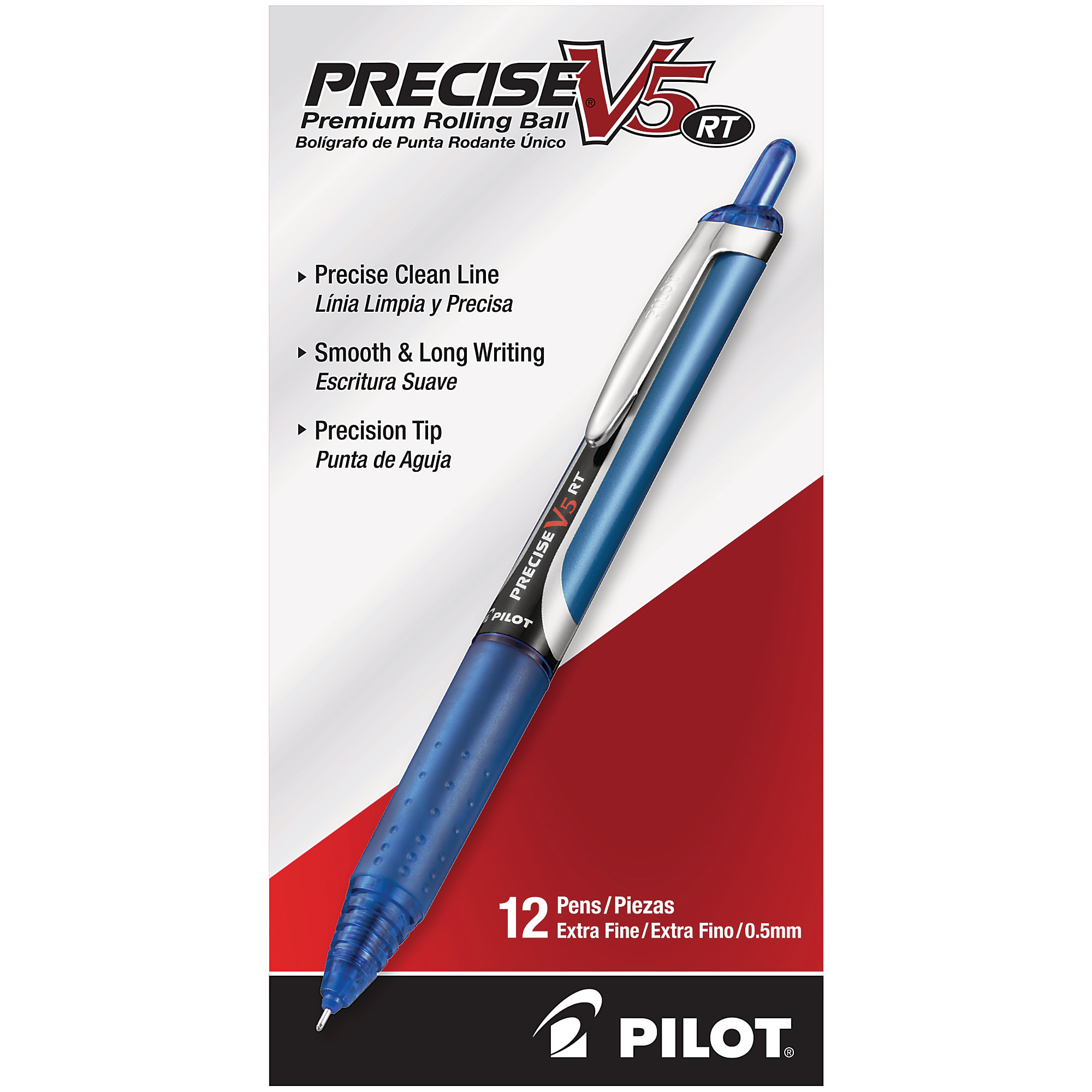Pilot&reg; Precise&trade; V5 Liquid Ink Retractable Rollerball Pens, Extra Fine Point, 0.5 mm, Black Barrels, Black Ink, Pack Of 12 - Blue,12