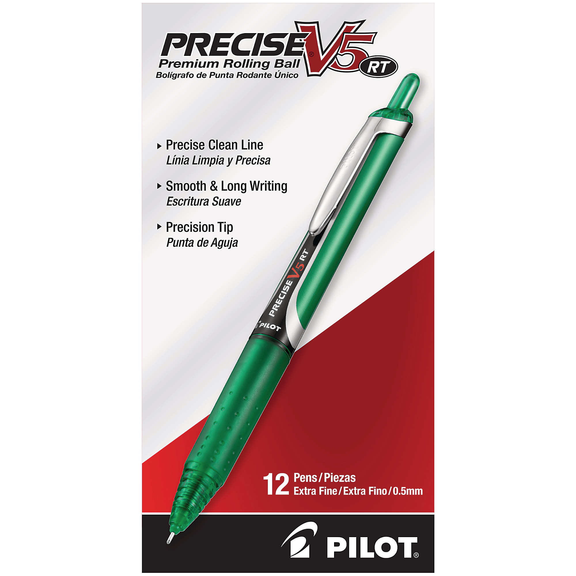 Pilot&reg; Precise&trade; V5 Liquid Ink Retractable Rollerball Pens, Extra Fine Point, 0.5 mm, Black Barrels, Black Ink, Pack Of 12 - Green,12