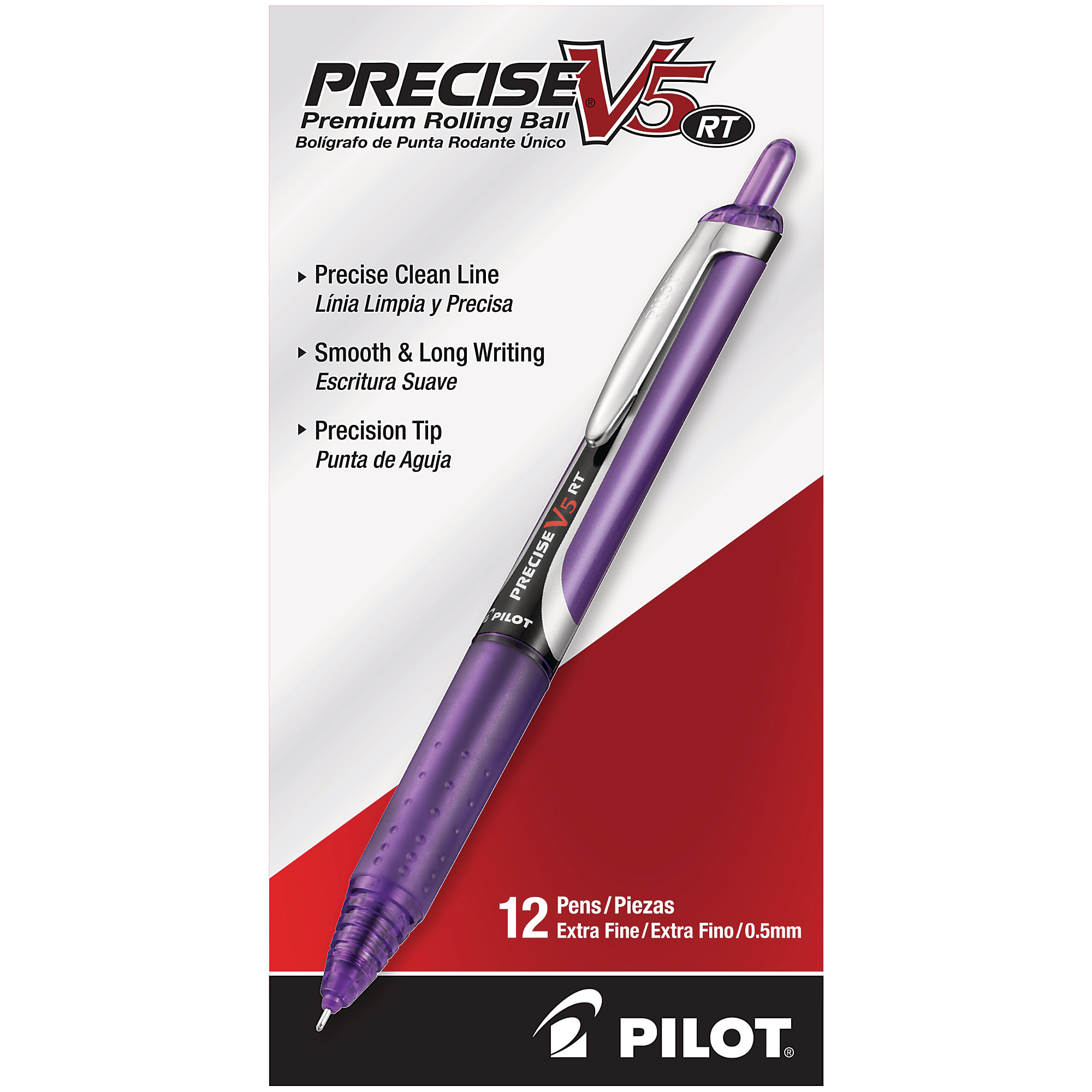 Pilot® Precise™ V5 Liquid Ink Retractable Rollerball Pens, Extra Fine Point, 0.5 mm, Black Barrels, Black Ink, Pack Of 12 - Purple,12