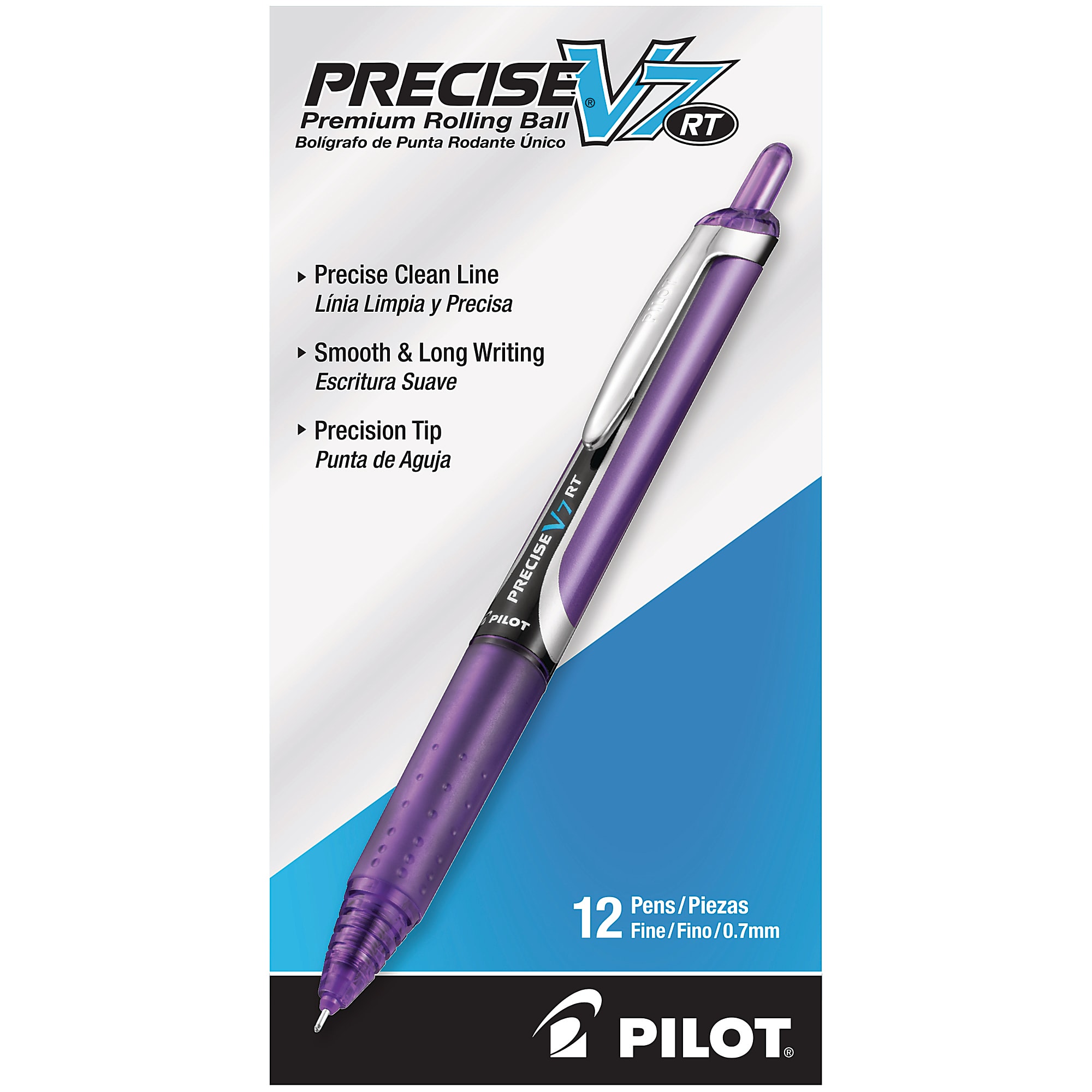 Pilot® Precise™ V7 Liquid Ink Retractable Rollerball Pens, Fine Point, 0.7 mm, Assorted Barrels, Blue Ink, Pack Of 12 Pens - Purple,12