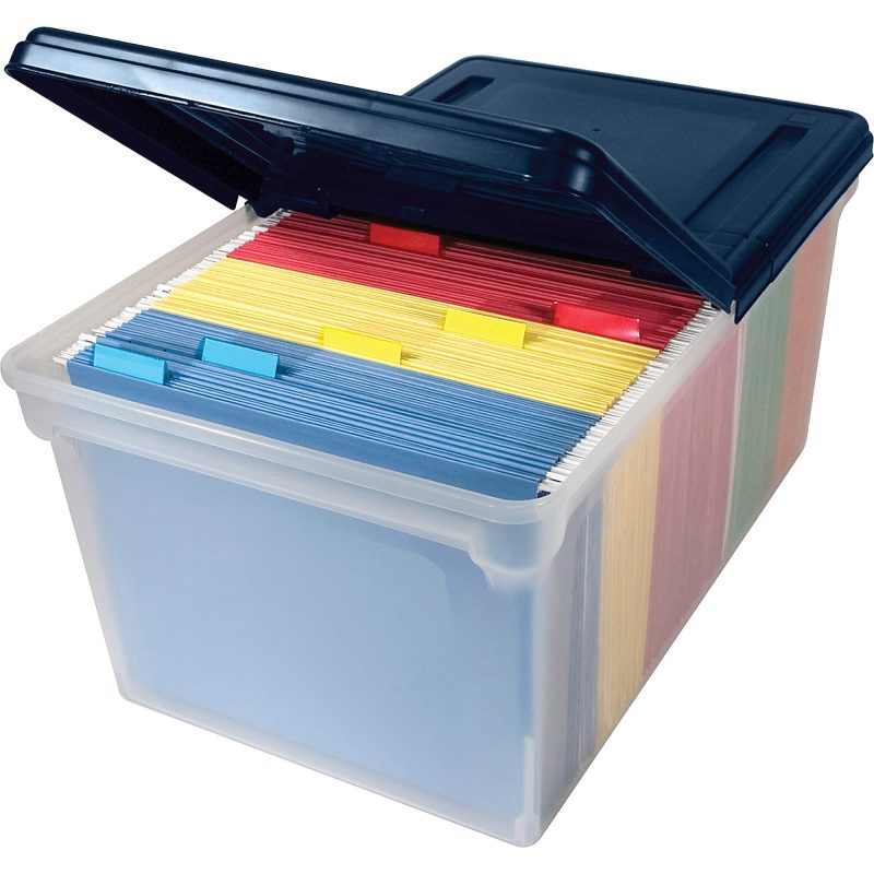 Advantus Extra Capacity Storage File Tote With Lid, Letter Size, 10 13/16" x 23" x 14 1/8", Clear/Navy - Image 2