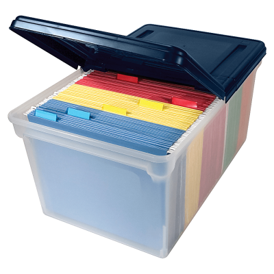 Advantus Extra Capacity Storage File Tote With Lid, Letter Size, 10 13/16" x 23" x 14 1/8", Clear/Navy