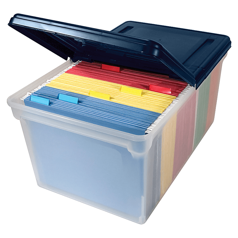 Advantus Extra Capacity Storage File Tote With Lid, Letter Size, 10 13/16" x 23" x 14 1/8", Clear/Navy