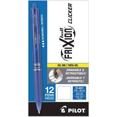 Pilot® FriXion® Ball Clicker Erasable Retractable Gel Pens, Pack of 12, Fine Point, 0.7 mm, Blue Barrel, Blue Ink