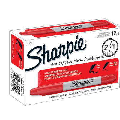 Sharpie® Twin-Tip Permanent Markers, Fine/Ultra Fine Points, Black, Pack Of 12 - Red,12