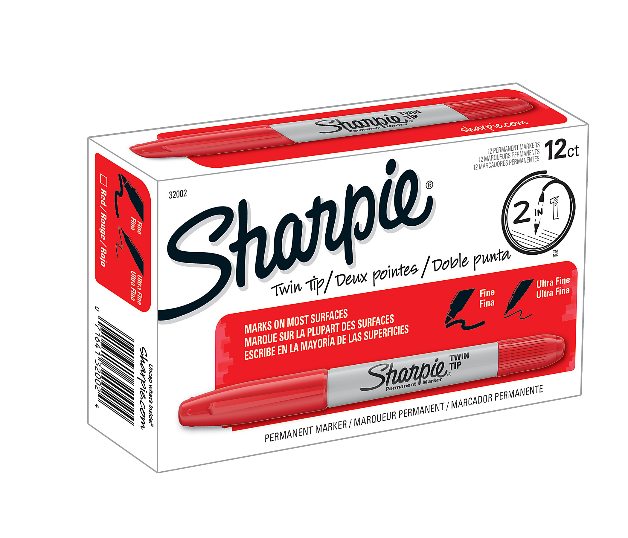 Sharpie&reg; Twin-Tip Permanent Markers, Fine/Ultra Fine Points, Black, Pack Of 12 - Red,12