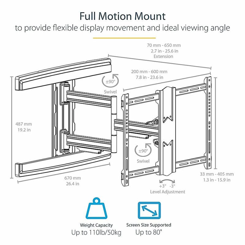 StarTech.com Full Motion TV Wall Mount - For up to 80" VESA Mount Displays - Articulating Arm - Steel - Adjustable Wall Mount TV Bracket - 1 Display(s) Supported80" Screen Support - 110.23 lb Load Capacity - Image 2