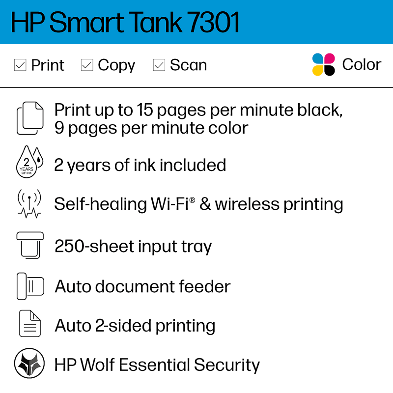 HP Smart Tank 7301 Wireless All-in-One Cartridge-free Ink Tank Color Printer With Up To 2 Years Of Ink Included (28B70A) - Image 2