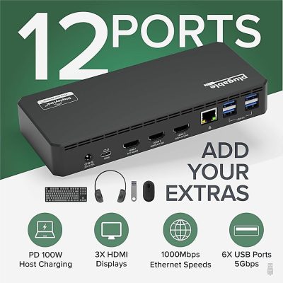 Plugable USB C Triple Display Docking Station with Laptop Charging, Thunderbolt 3 or USB C Dock Compatible with Specific Windows and Mac Systems - (3x HDMI, 6x USB Ports, 60W USB PD)