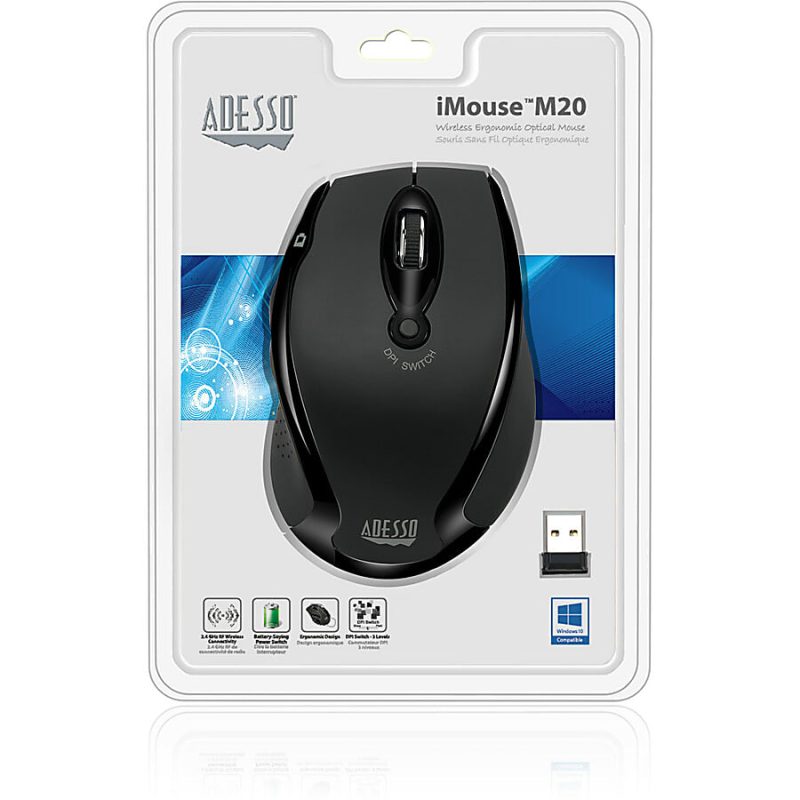 Adesso iMouse M20B - Wireless Ergonomic Optical Mouse - Optical - Wireless - Radio Frequency - 2.40 GHz - Black - USB - 1500 dpi - Scroll Wheel - 6 Button(s) - Right-handed - Image 9