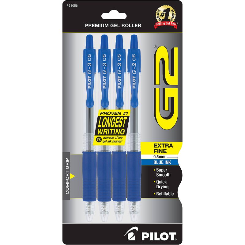 Pilot G2 Gel Roller Pens, Extra-Fine Point, 0.5 mm, Clear Barrel, Black Ink, Pack Of 12 - Blue,4