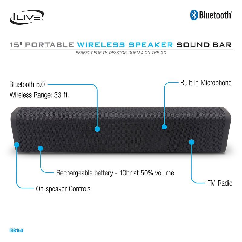 iLive Wireless Speaker Sound Bar, 15", Black - Image 6