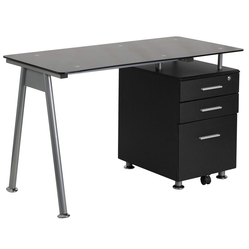 Flash Furniture 48"W Glass Computer Desk With 3- Drawer Pedestal, Black/Clear - Image 2