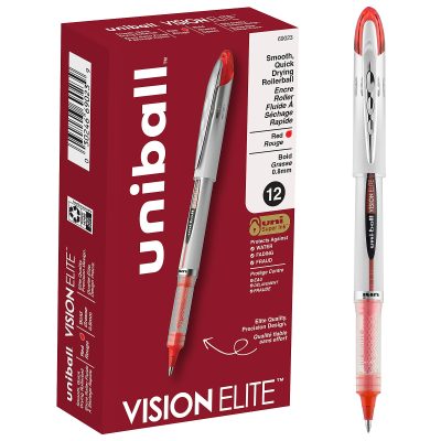 uni-ball® Vision™ Elite™ Liquid Ink Rollerball Pens, Bold Point, 0.8 mm, White Barrel, Black Ink, Pack Of 12 - Red,12