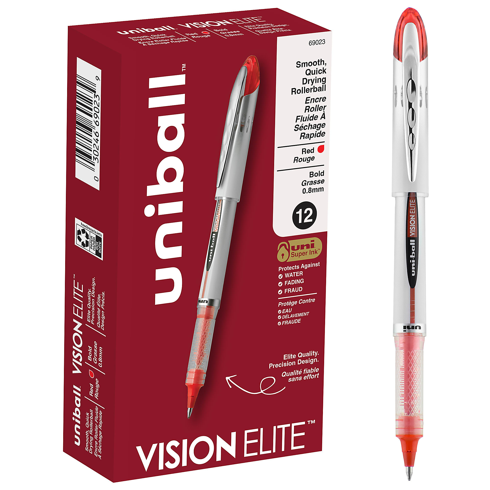 uni-ball® Vision™ Elite™ Liquid Ink Rollerball Pens, Bold Point, 0.8 mm, White Barrel, Black Ink, Pack Of 12 - Red,12