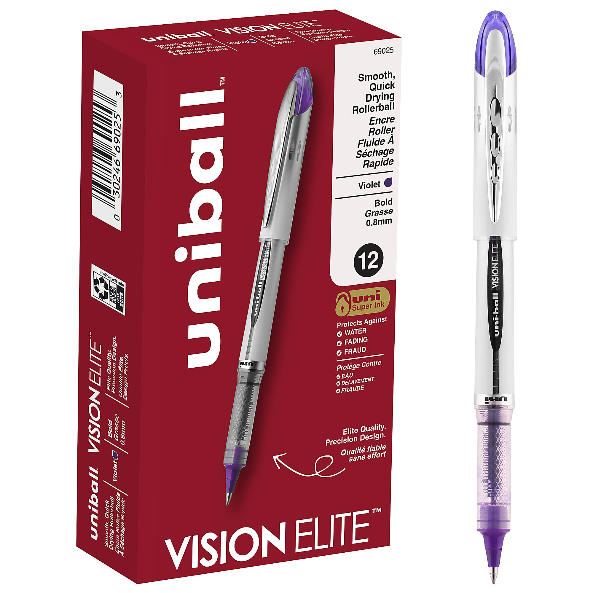 uni-ball® Vision™ Elite™ Liquid Ink Rollerball Pens, Bold Point, 0.8 mm, White Barrel, Black Ink, Pack Of 12 - Purple,12