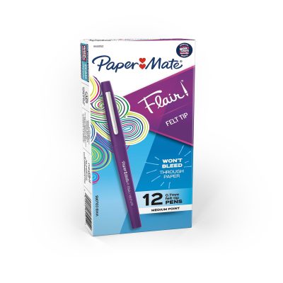 Paper Mate® Flair® Porous-Point Pens, Medium Point, 0.7 mm, Black Barrel, Black Ink, Pack Of 12 Pens - Purple,12