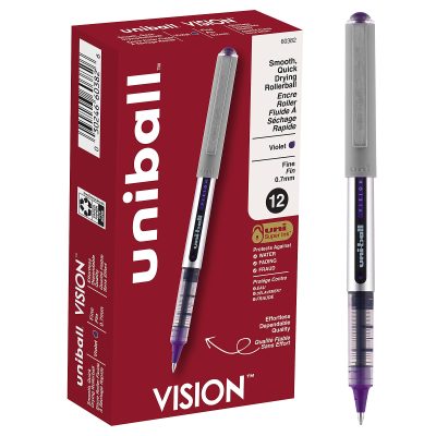 uni-ball® Vision™ Rollerball Pens, Fine Point, 0.7 mm, Gray Barrel, Blue Ink, Pack Of 12 - Violet,12