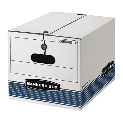 Bankers Box® Stor/File™ Storage File Boxes With String & Button Closures And FastFold® Assembly, Letter/Legal Size, 10-1/4" x 12" x 15.5", White/Blue, Case Of 12