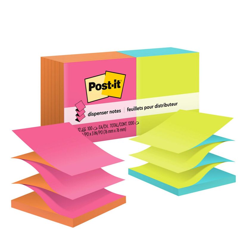 Post-it Pop Up Notes, 12 Pads, 3 in x 3 in, Clean Removal, School Supplies and Office Products, Sticky Notes for Vertical Surfaces, Monitors, Walls and Windows, Poptimistic Collection