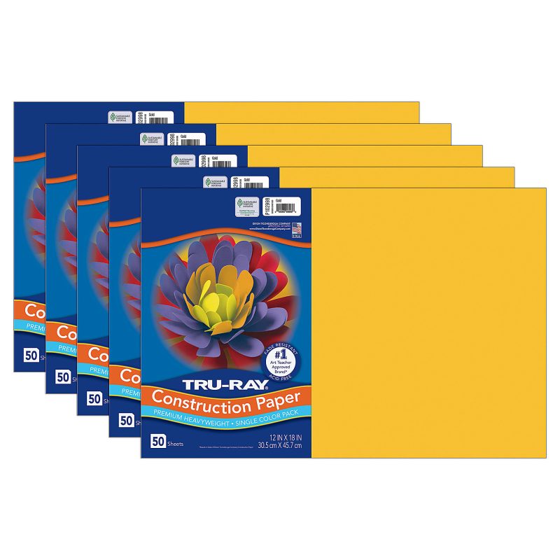Tru-Ray® Construction Paper, 12" x 18", Gold, 50 Sheets Per Pack, Set Of 5 Packs - Gold