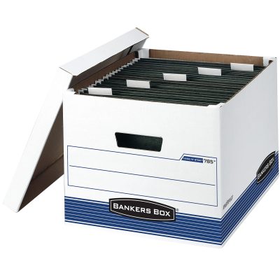 Bankers Box® Hang'N'Stor™ Medium-Duty Storage Boxes With Lift-Off Lids And Built-In Handles, 15 1/2" x 12" x 10", Letter/Legal Size, 60% Recycled, White/Blue, Case Of 4